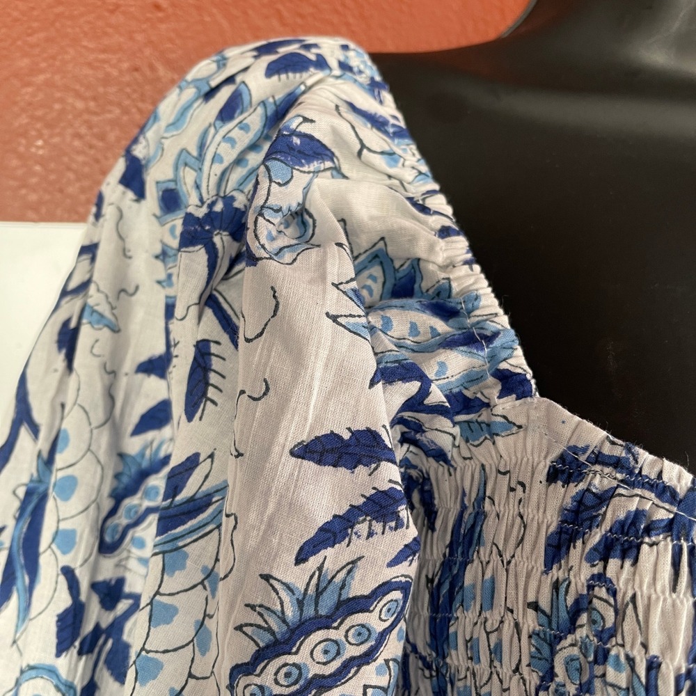GROWKRATI Smocked Maxi Dress‎ Blue White Floral Print Square Neck Puff Sleeve M - Picture 3 of 8